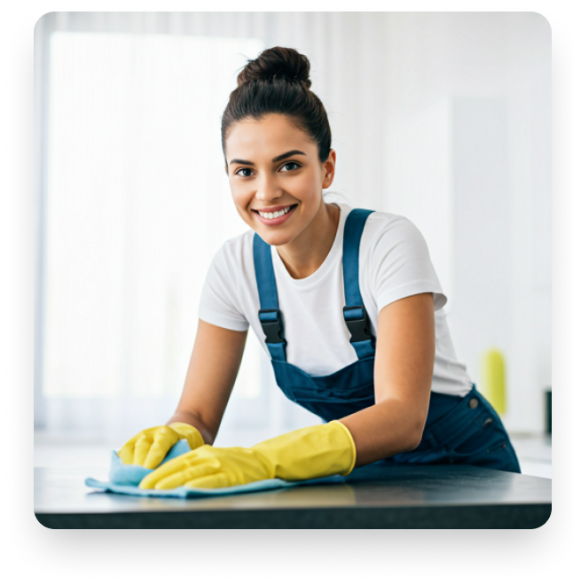 Smiling Maid in Denver cleaner wiping a kitchen counter