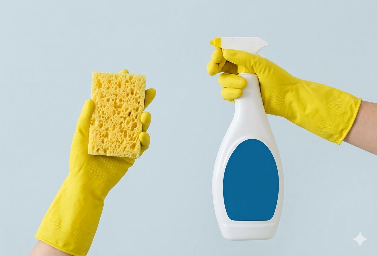 Gloved hands holding a sponge and spray bottle during a recurring home cleaning