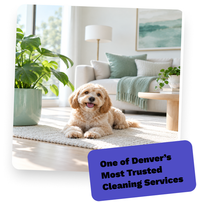 Happy dog resting on a freshly cleaned rug with a badge reading One of Denver's Most Trusted Cleaning Services
