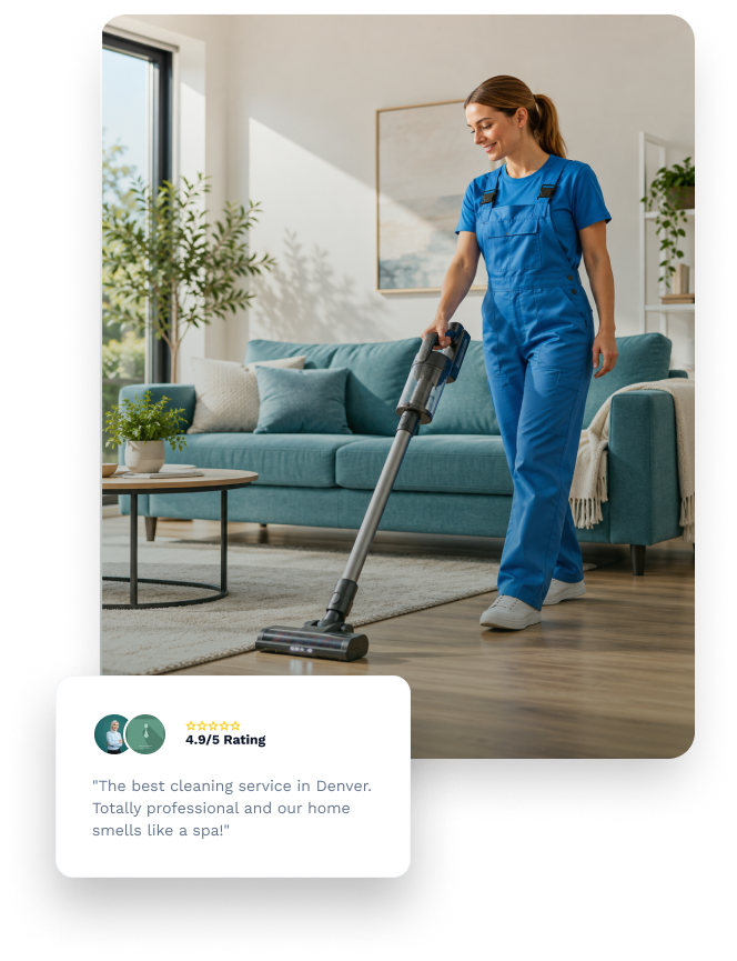 Maid in Denver cleaner vacuuming a bright, tidy living room