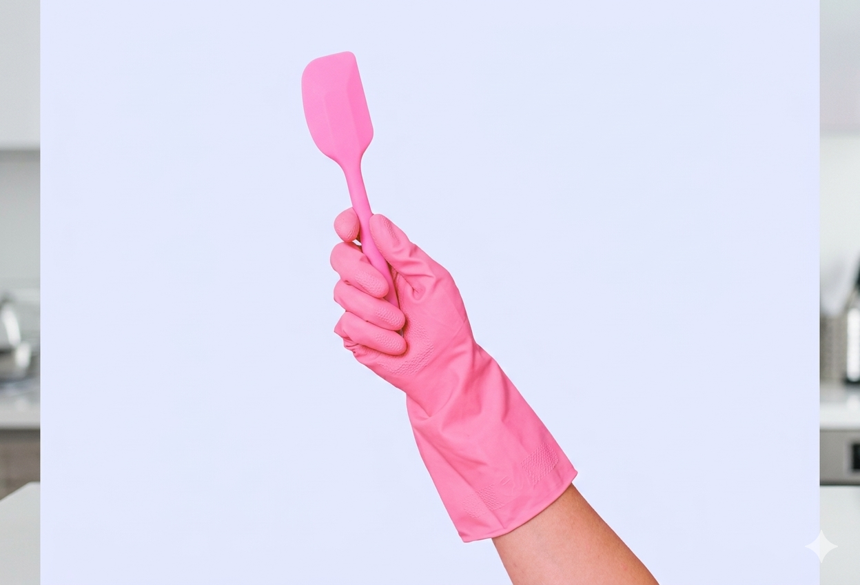 Pink gloved hand holding a kitchen spatula during a move out cleaning
