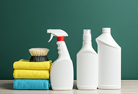 Eco friendly cleaning supplies arranged on a green background for a deep clean